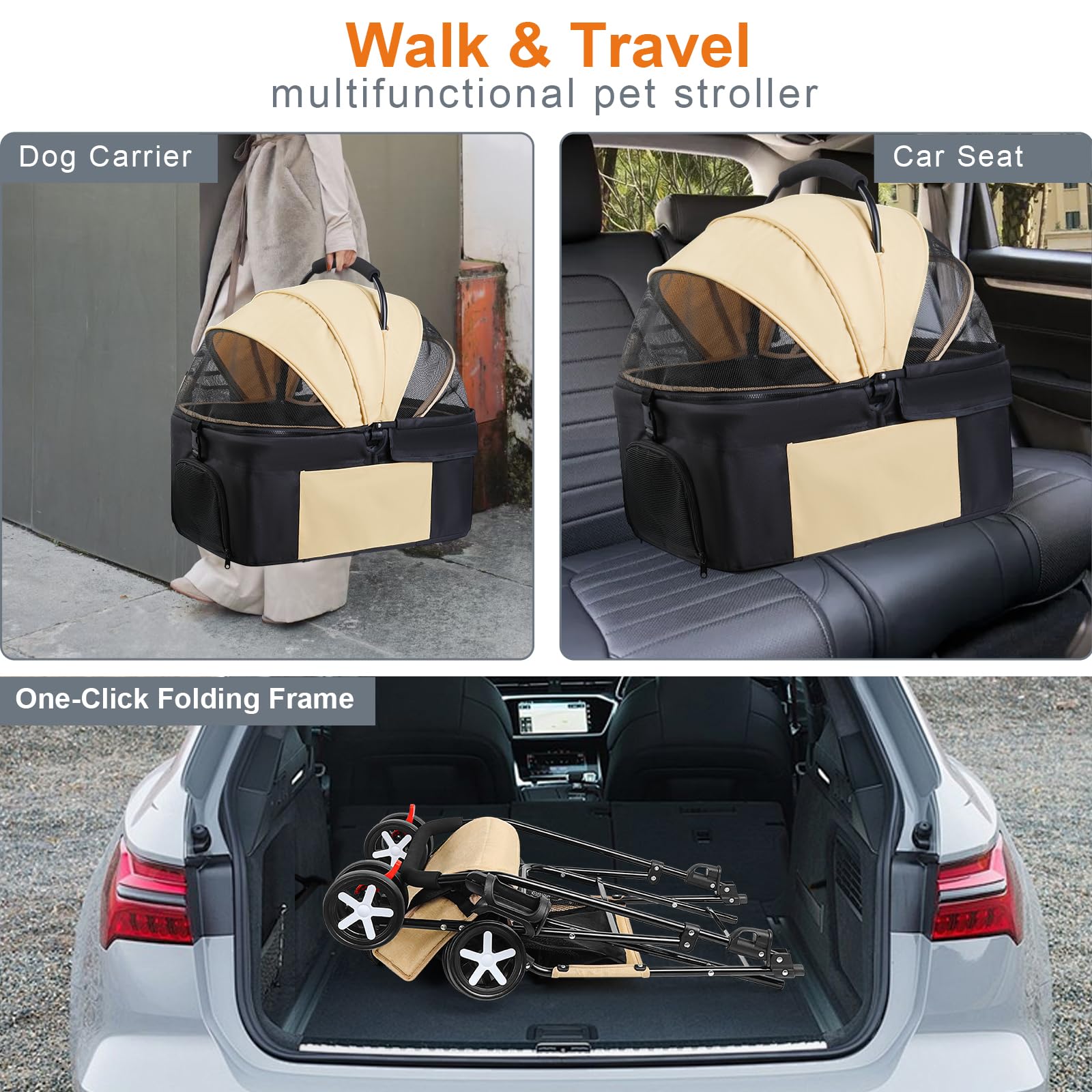 Wn's Day 3-in-1 pet stroller brown wheels and rear brake system for safety