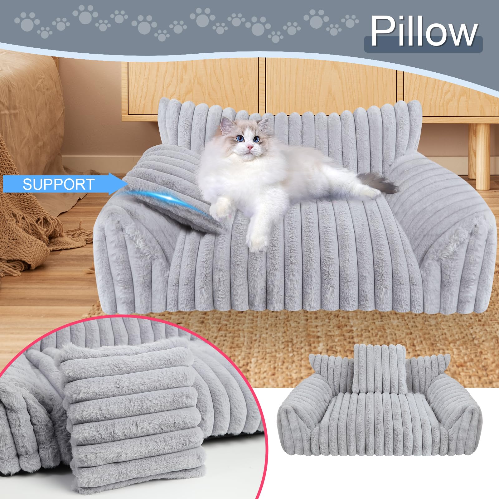 Wn's Day Cute Cat Couch Bed grey front view highlights stylish pet furniture for small spaces