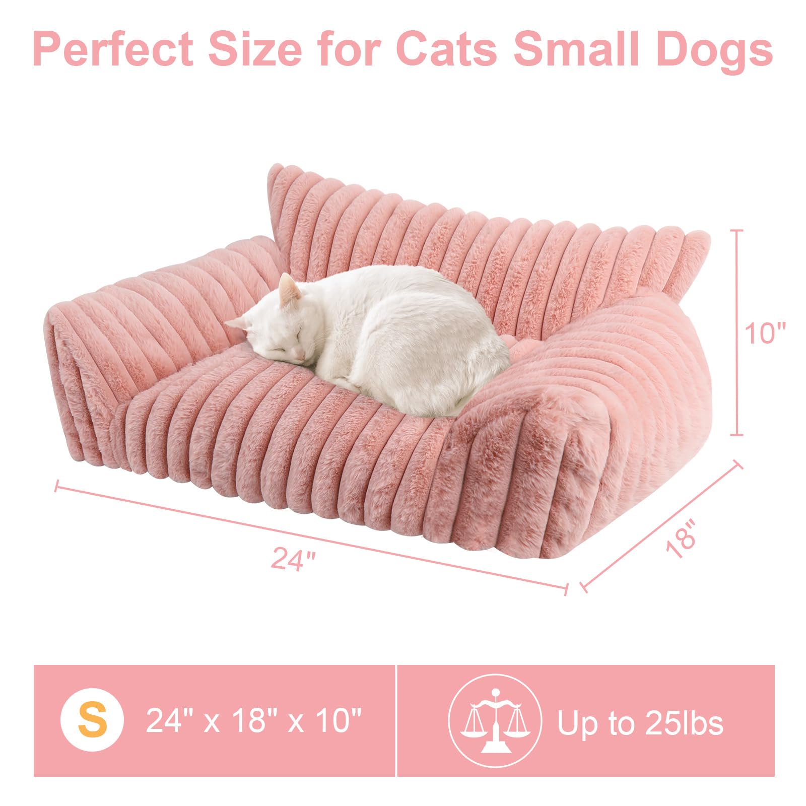 Wn's Day Cute Cat Couch Bed pink back view on a living room rug.