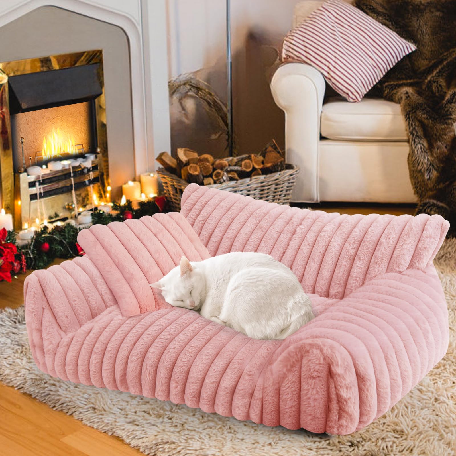Wn's Day cute cat couch bed pink side view for warm indoor lounging.