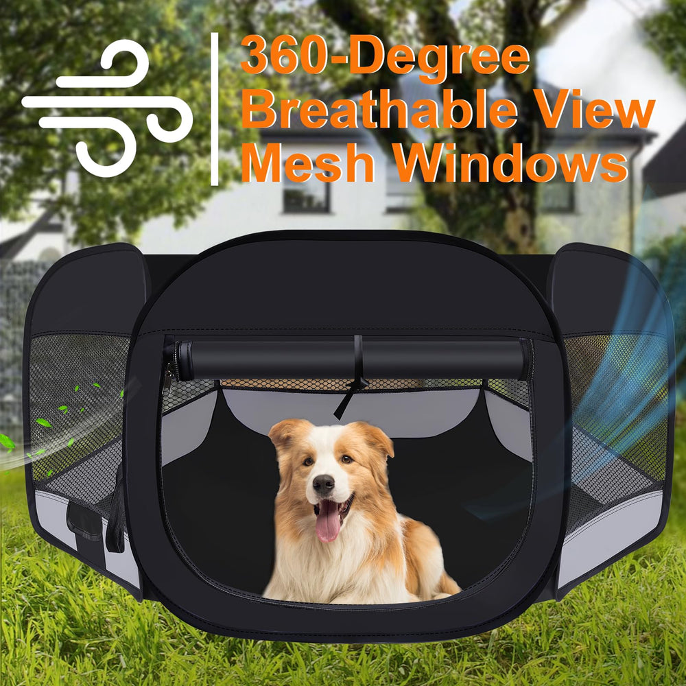 Wn's Day dog cat playpen setup shows quick fold design for indoors use.