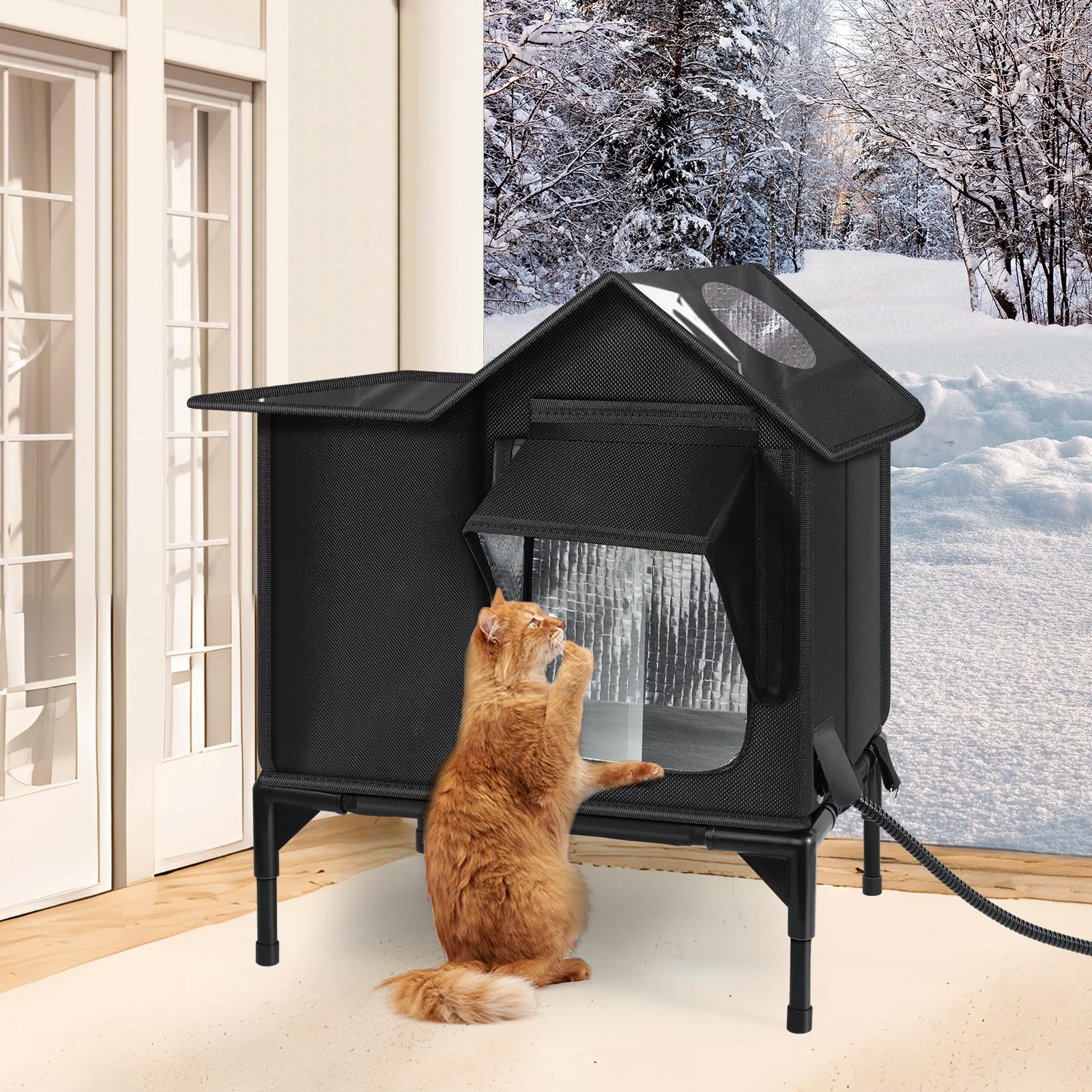 Wn's Day cat house placed on balcony demonstrates versatile outdoor placement.