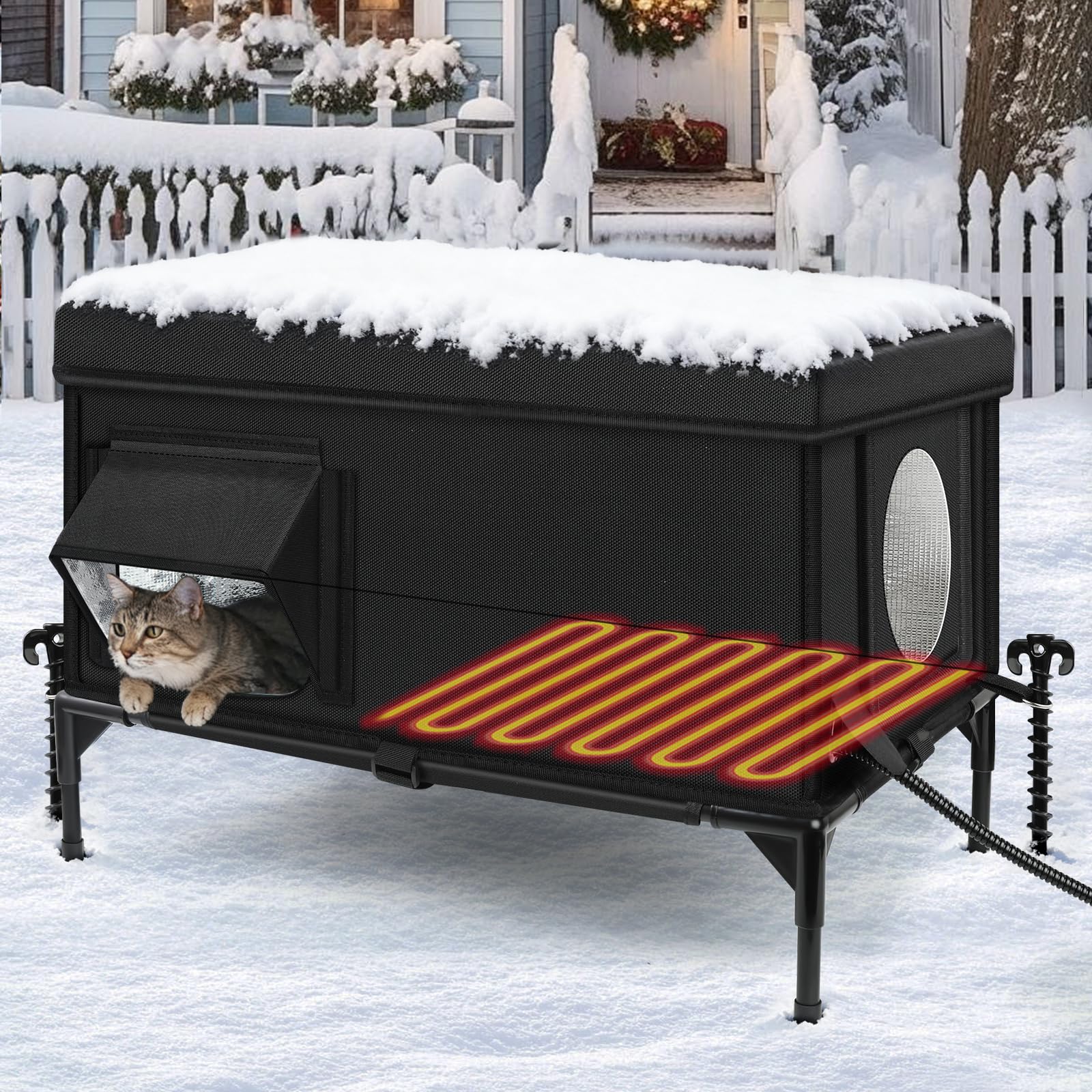 Wn's Day heated outdoor cat house front view demonstrates weatherproof warmth for outdoor cats