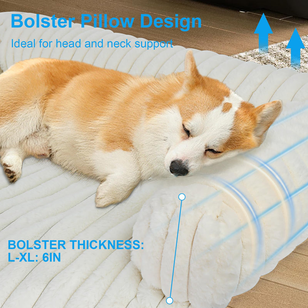 Wn's Day dog couch bed side view shows raised memory-foam edges for neck and spine support.
