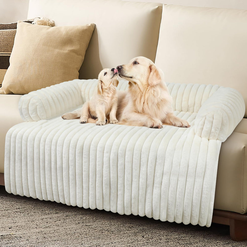 Wn's Day luxurious dog couch bed with soft striped bunny fluff for cozy lounging.