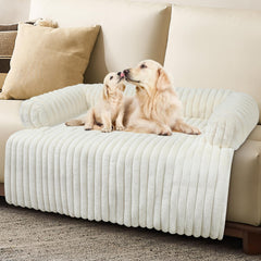 Wn's Day luxurious dog couch bed with soft striped bunny fluff for cozy lounging.