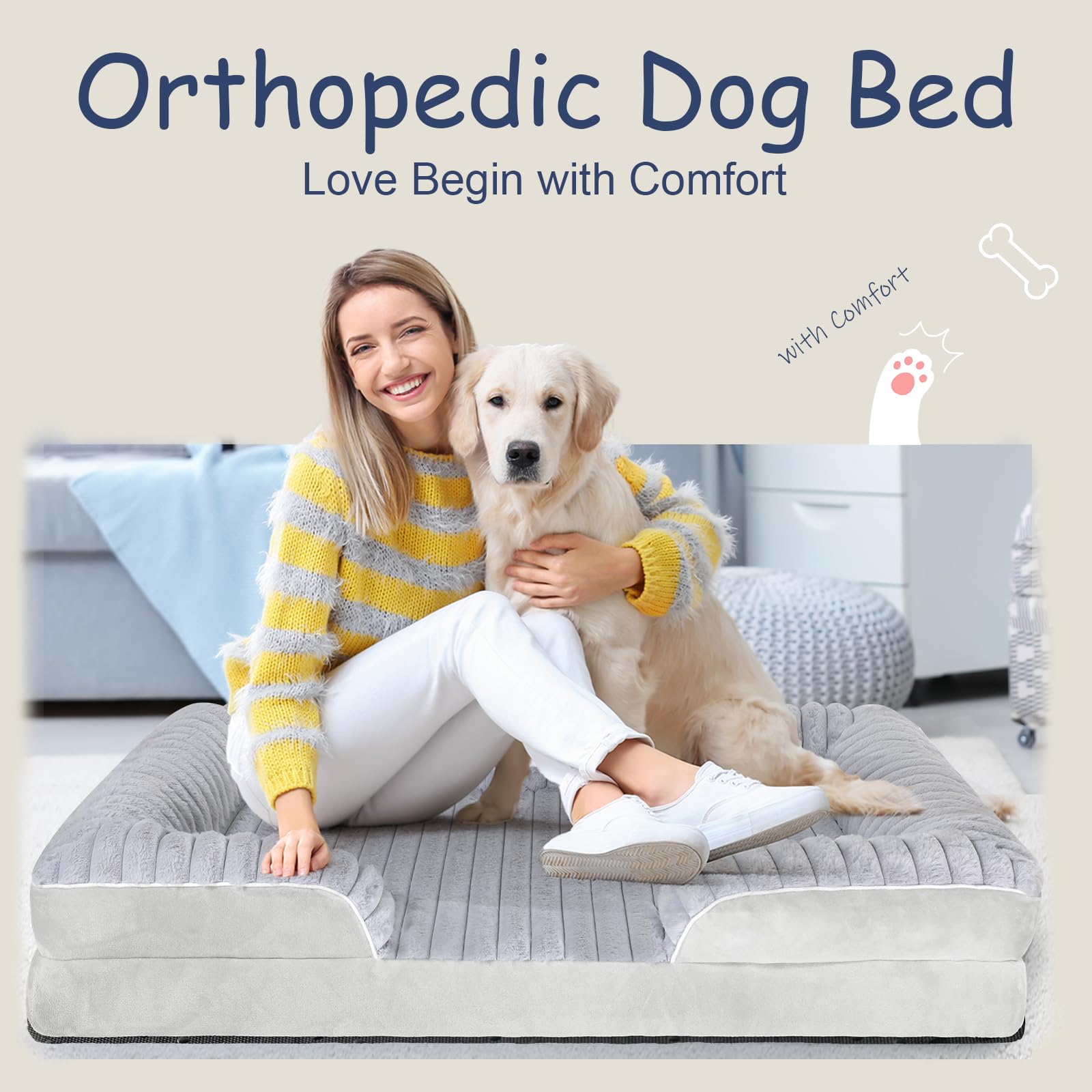 Wn's Day orthopedic dog bed XL anti-slip base prevents sliding during use.