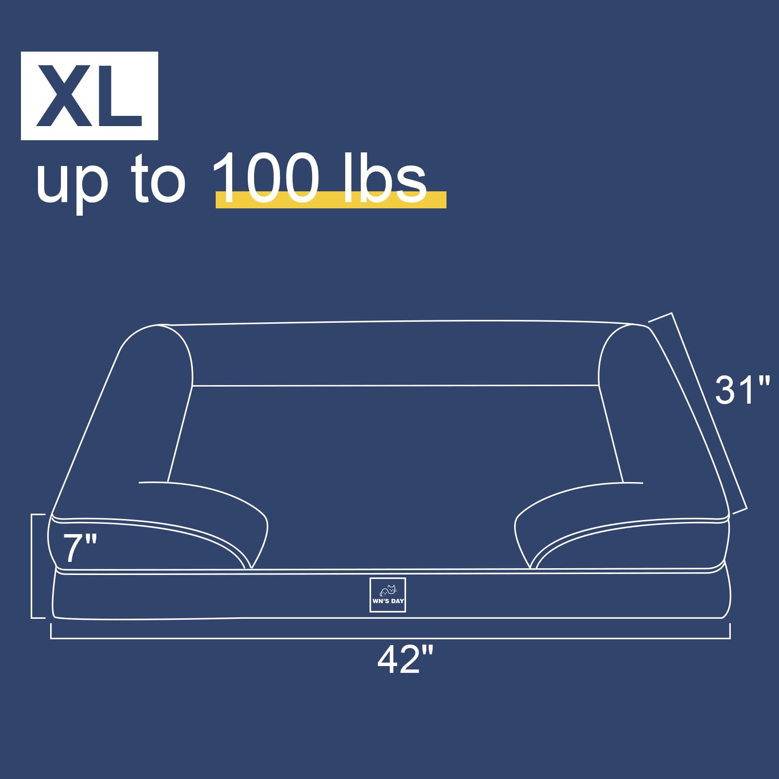 Wn's Day XL memory foam bed measures 42x31x7 inches