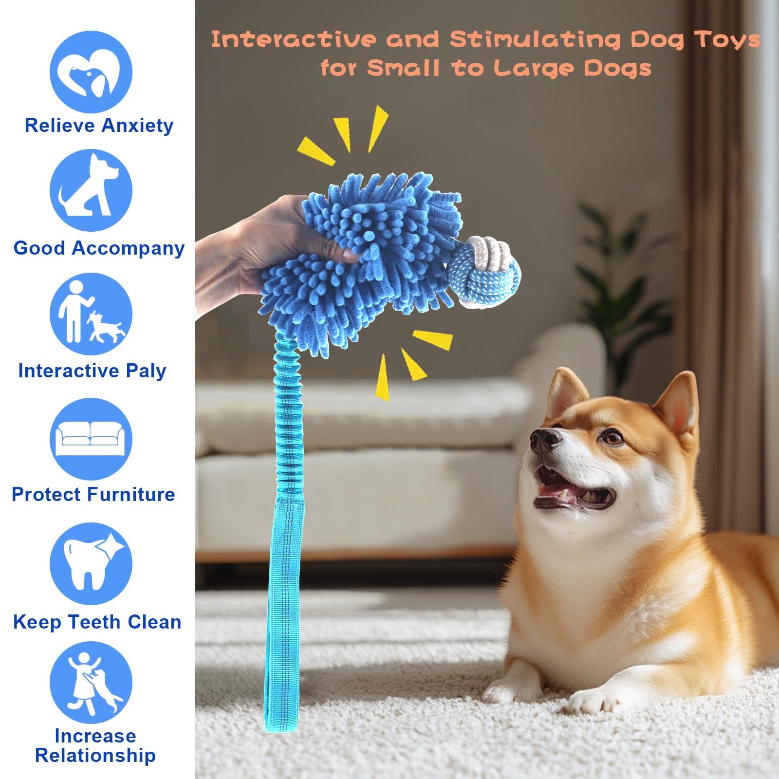 Wodoca stretchy dog toy 32 inches enables safe tug and chase play for various sizes.