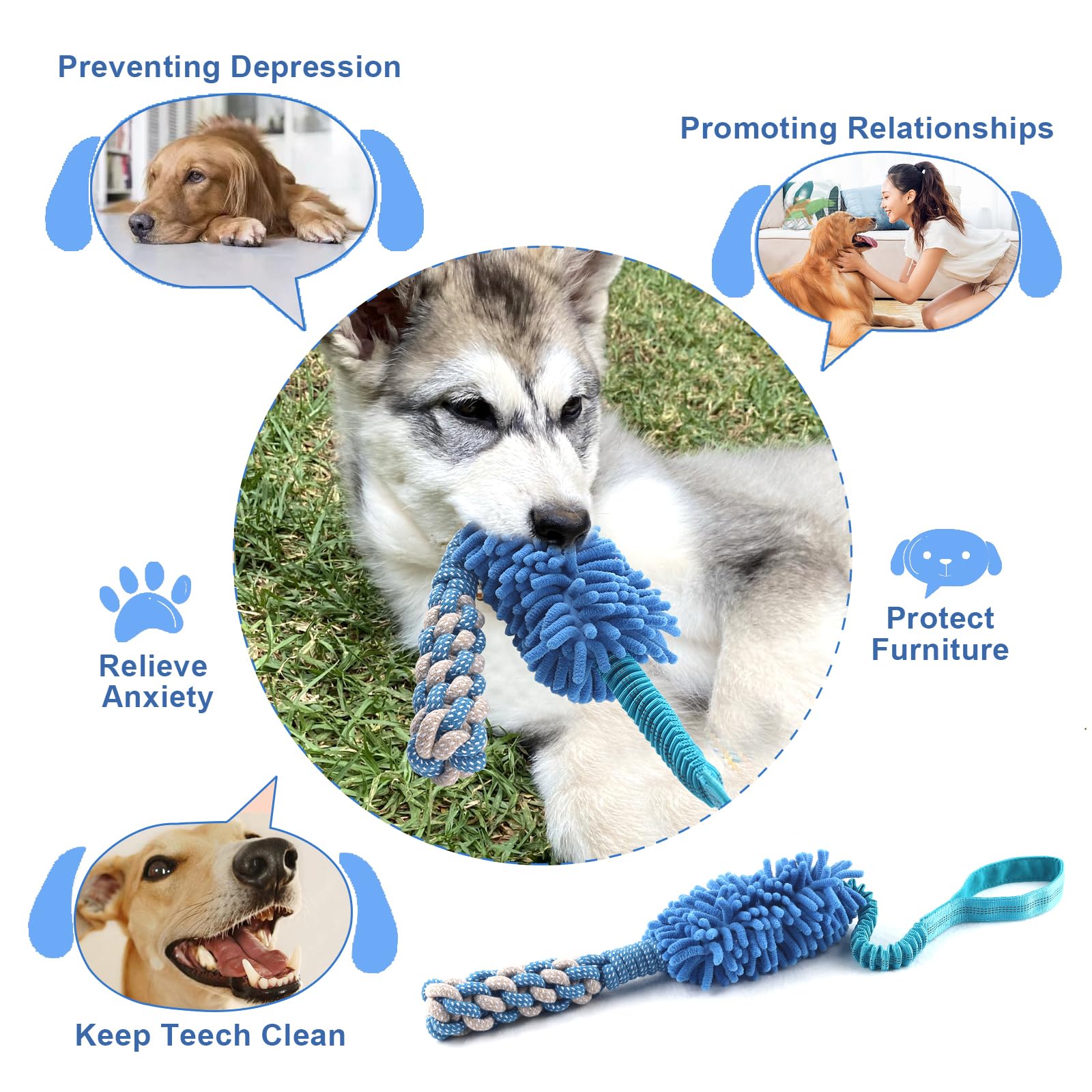 Wodoca teeth-cleaning dog chew toy blue with flossing fibers