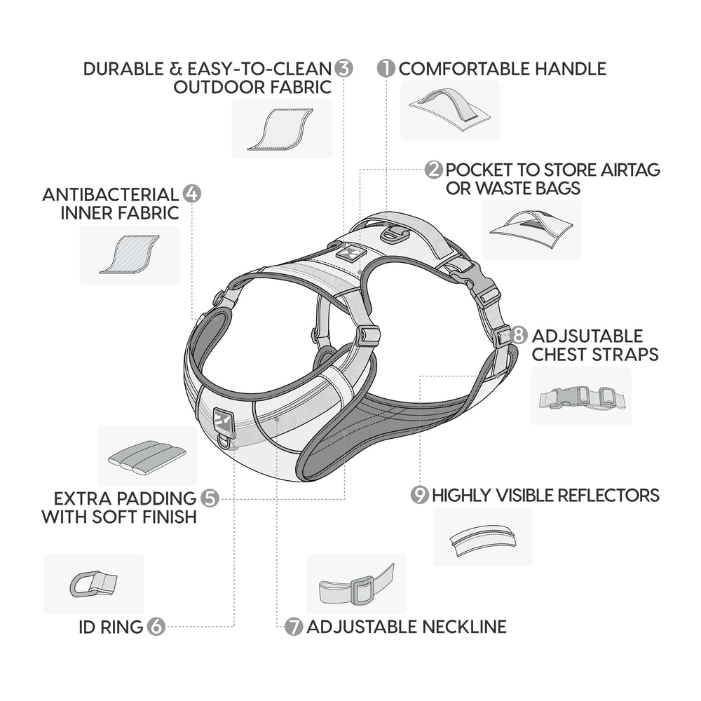 WOOFO Core harness back view showing padded chest support for comfortable wear.