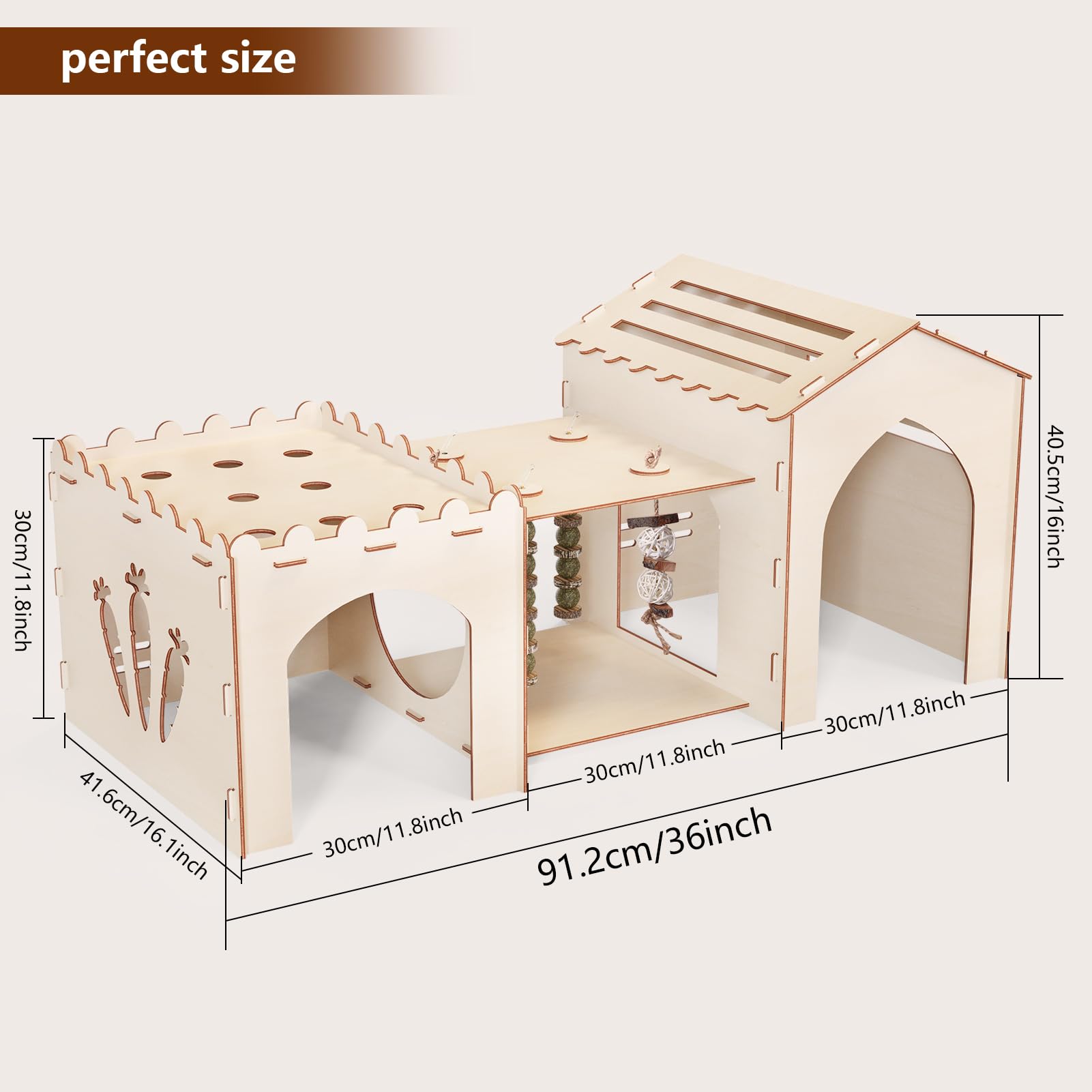 Woiworco rabbit castle interior spaces show three cozy rooms for separate rabbits to retreat.