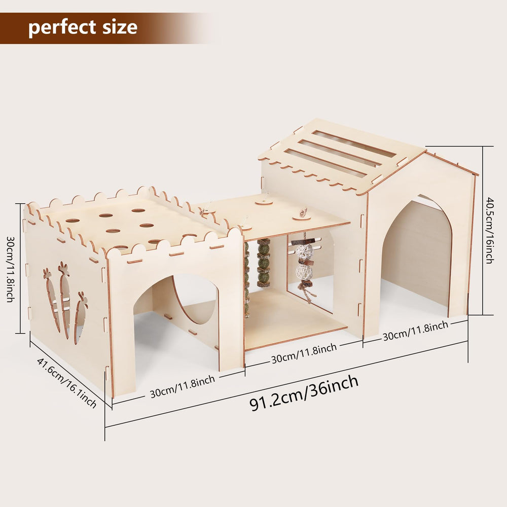 Woiworco rabbit castle interior spaces show three cozy rooms for separate rabbits to retreat.