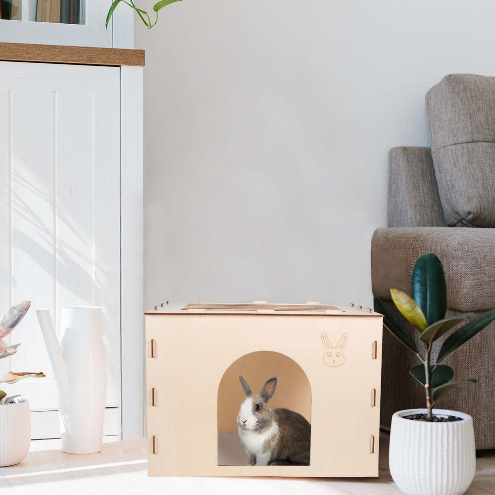 Woiworco wooden rabbit hideout assembled image demonstrates quick setup and cleanup.
