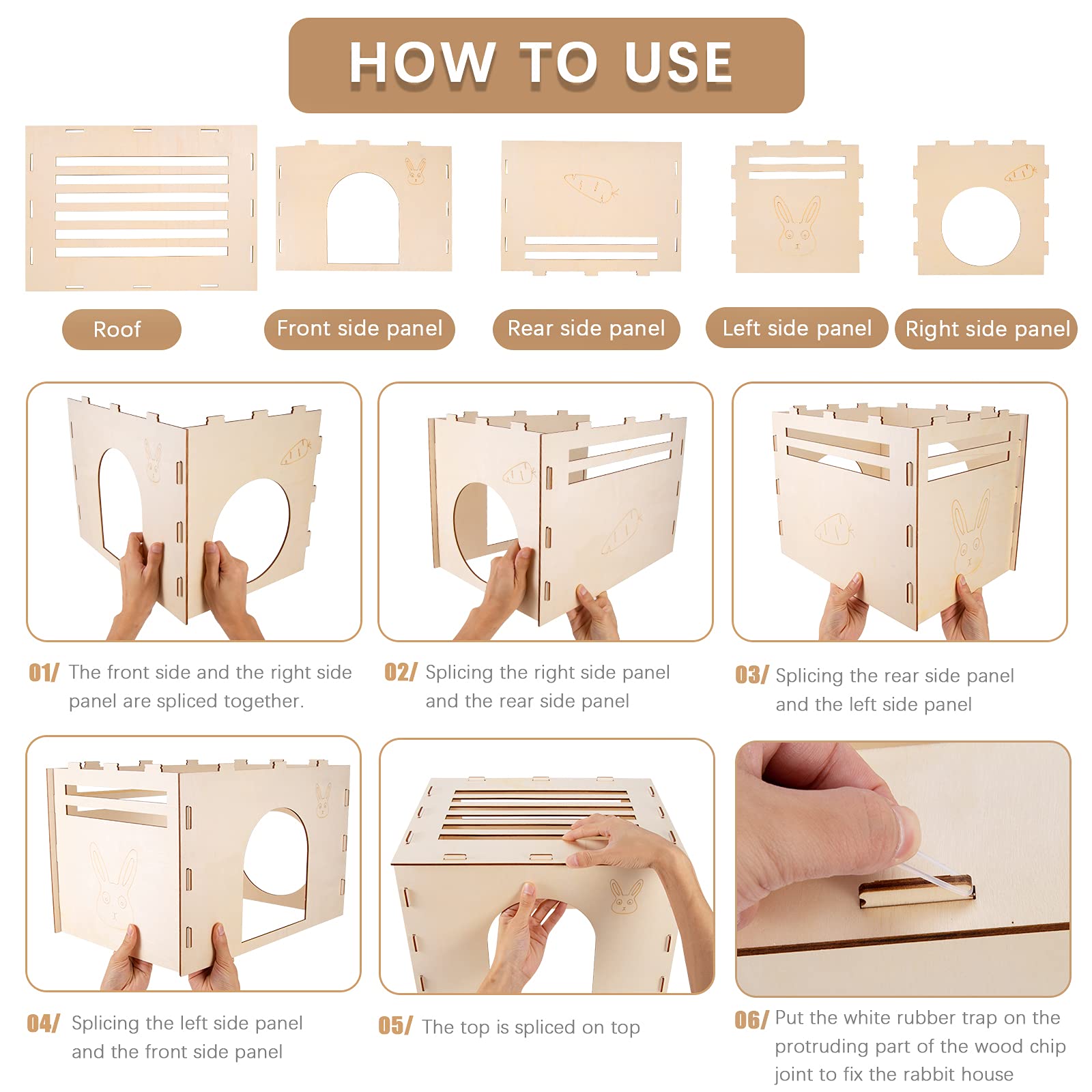 Woiworco wooden rabbit hideout dimensions image communicates compact, space-saving design.