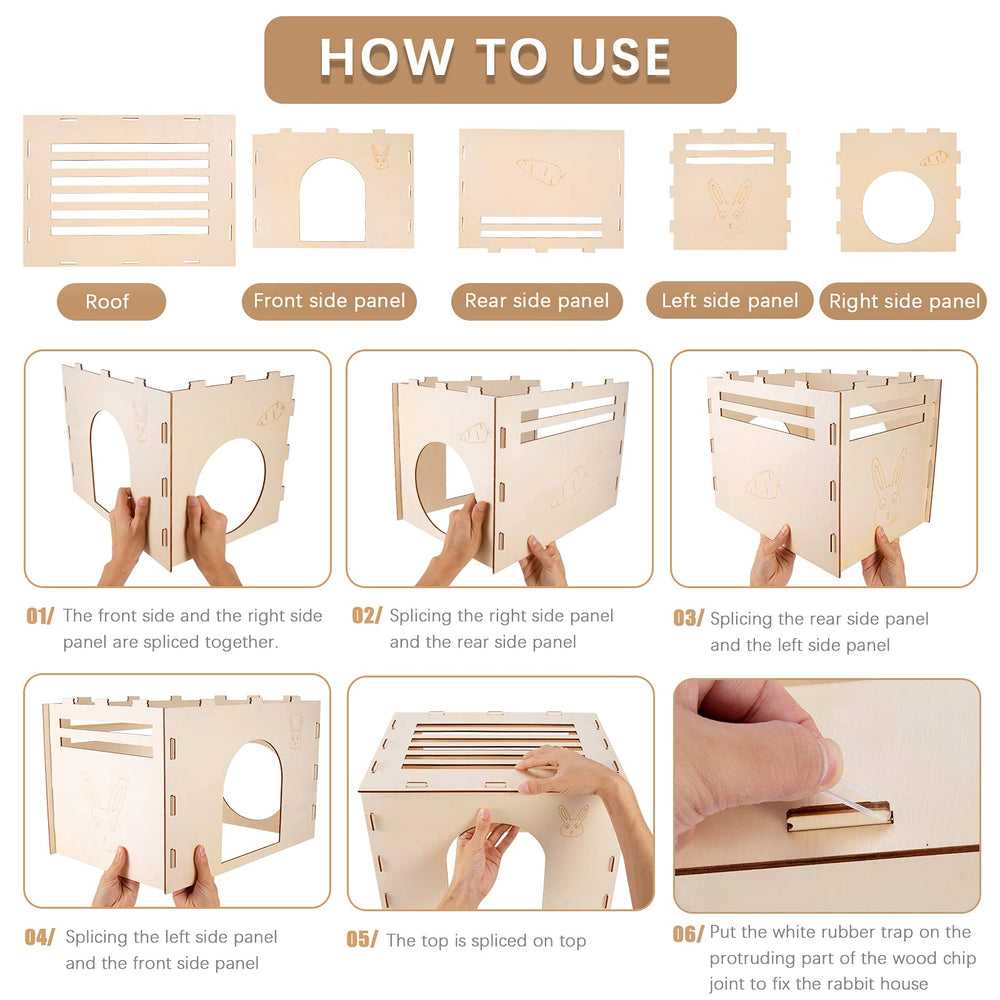 Woiworco wooden rabbit hideout dimensions image communicates compact, space-saving design.