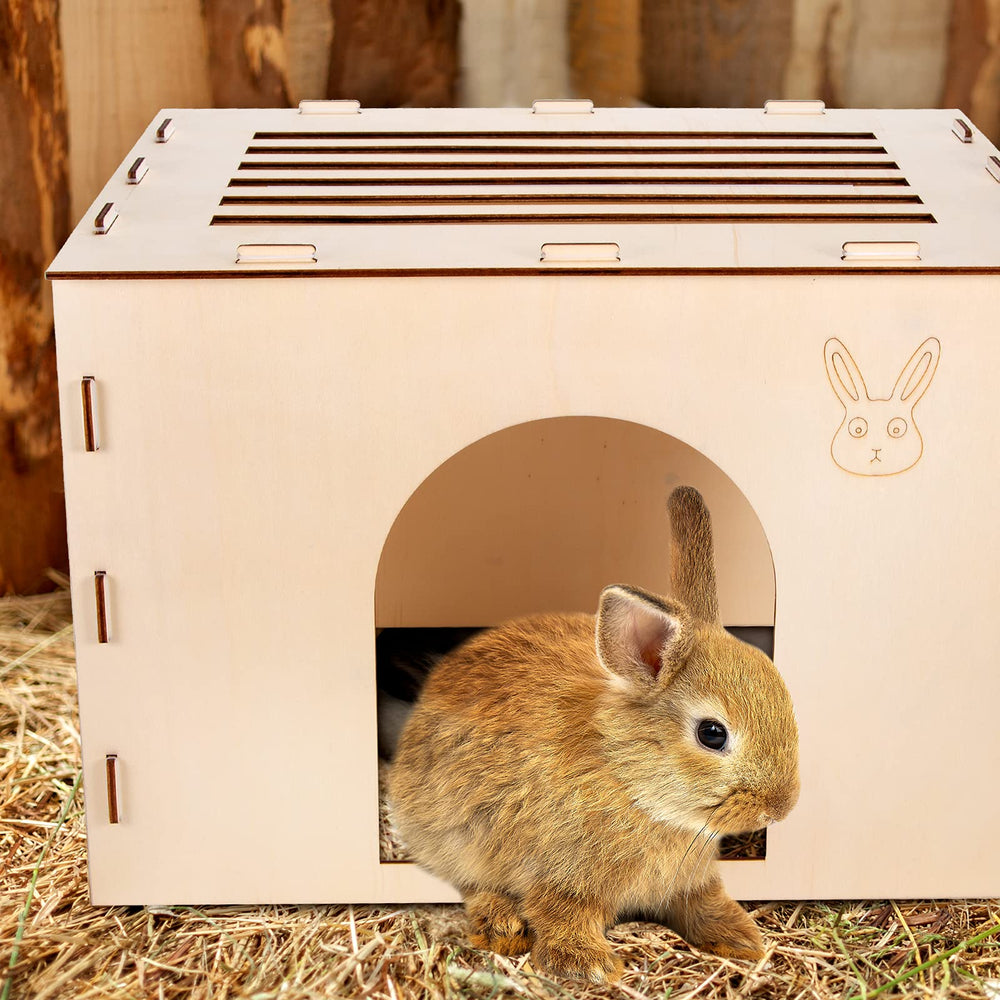 Woiworco wooden rabbit hideout with pets shows cozy hideaway for naps.