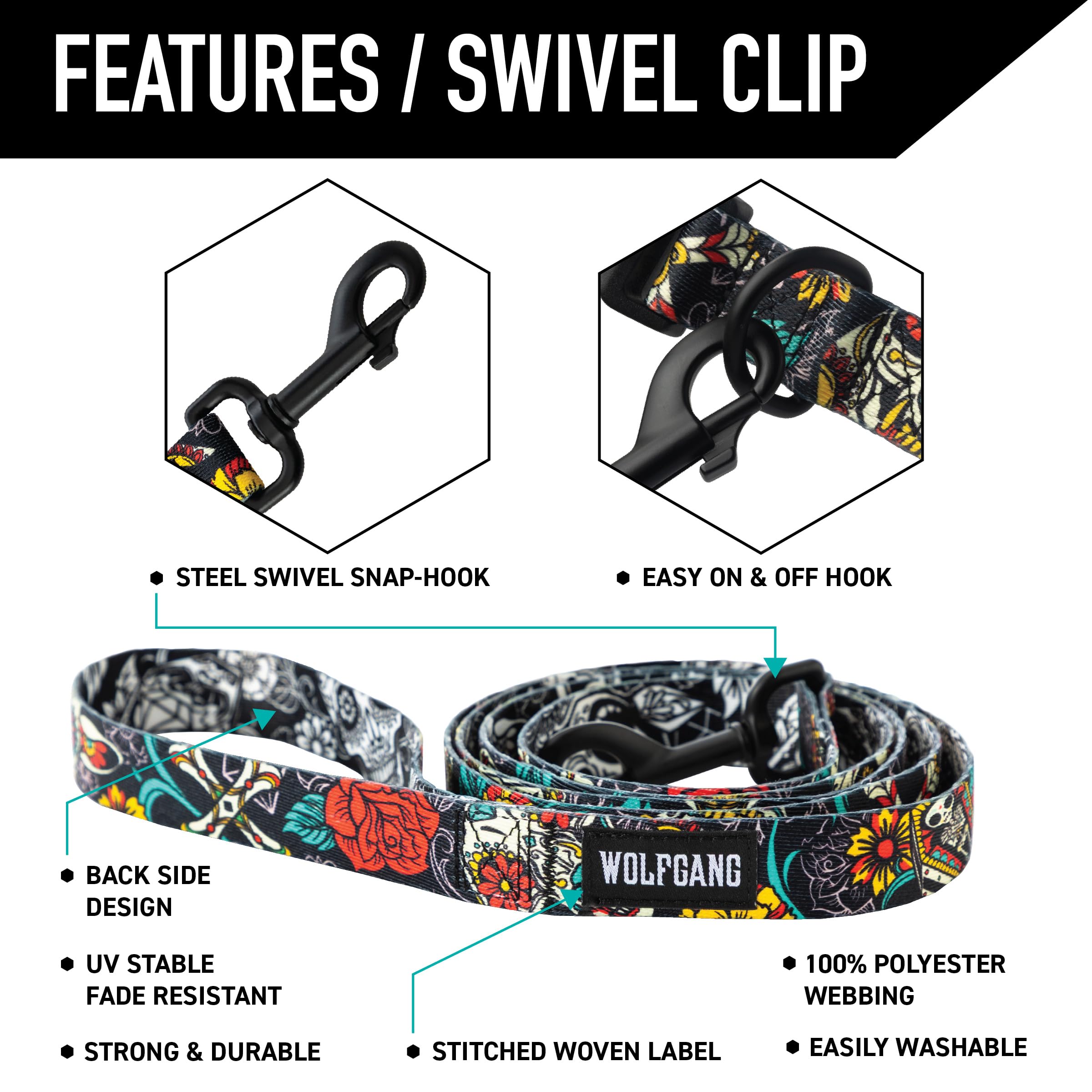 Wolfgang Heavy Duty Leash LosMuertos print captures weatherproof performance during outdoor adventures.