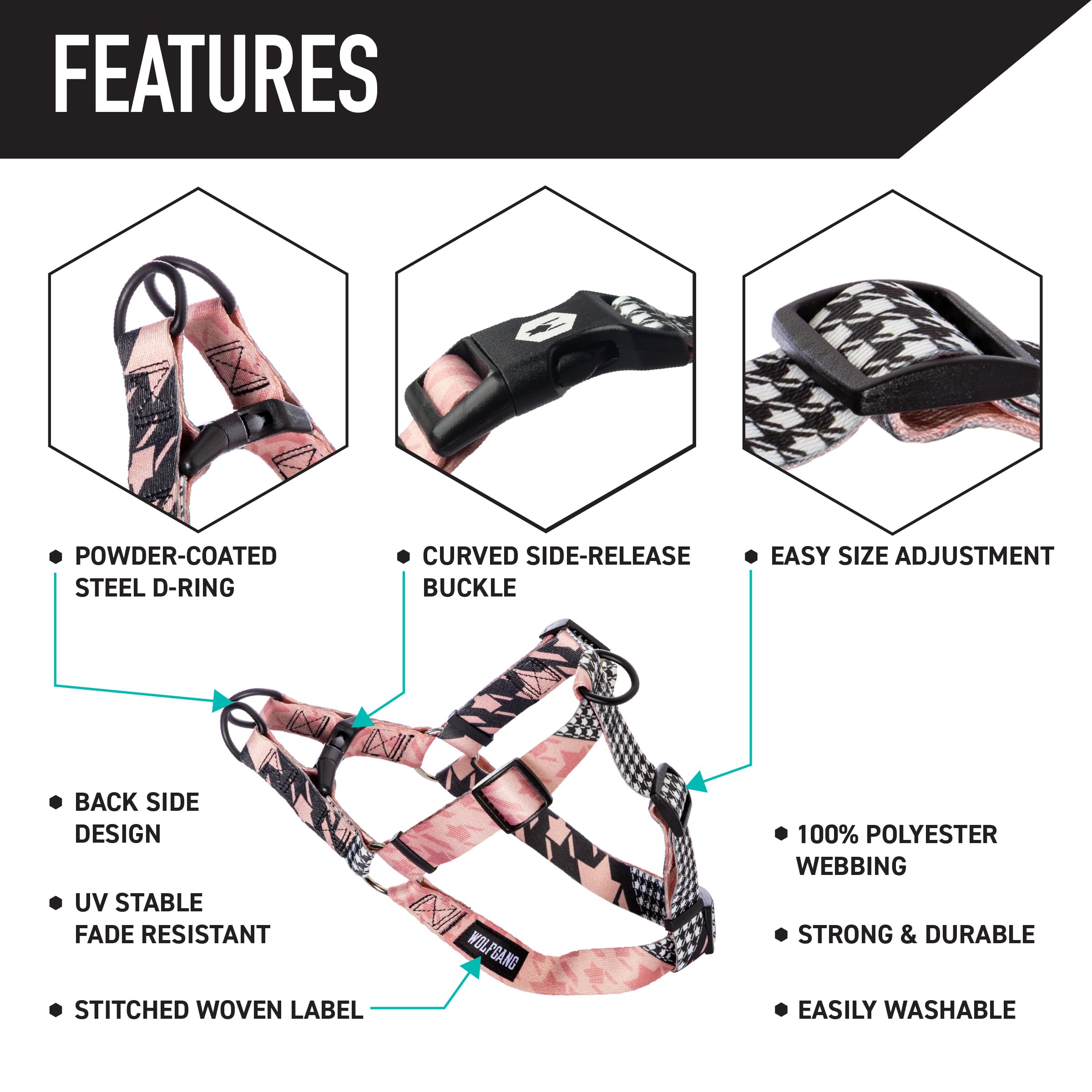 Wolfgang Man & Beast Heavy Duty pink print adjustment strap shows customizable fit for every dog.