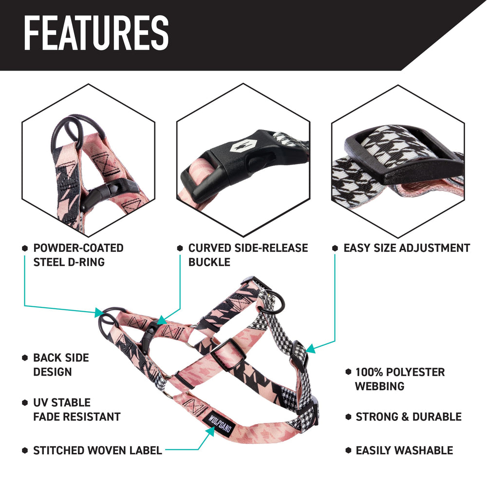 Wolfgang Man & Beast Heavy Duty pink print adjustment strap shows customizable fit for every dog.