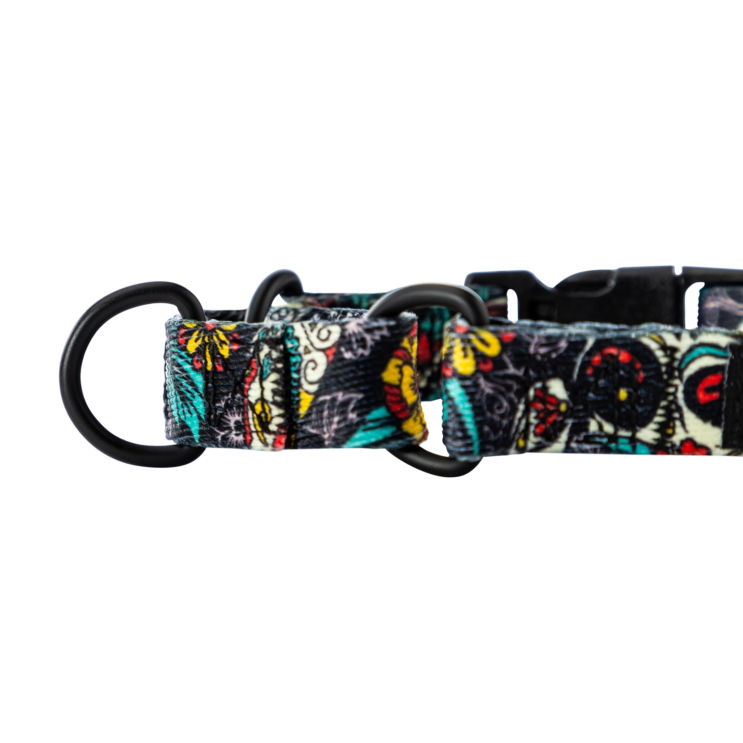 Wolfgang Martingale Collar quick-release buckle closeup shows secure leash connection.