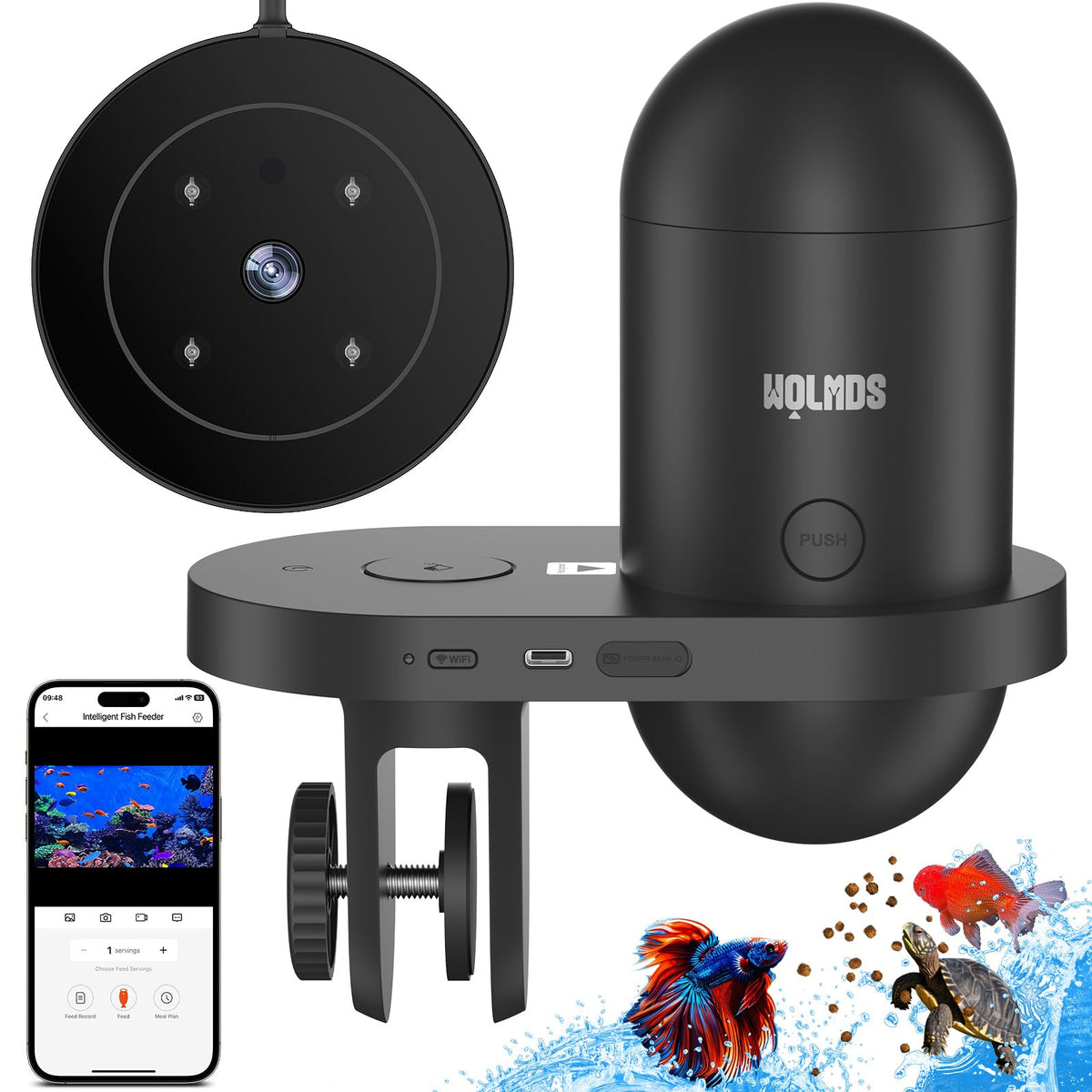 Wolmds automatic fish feeder front view for easy placement and vacation care.
