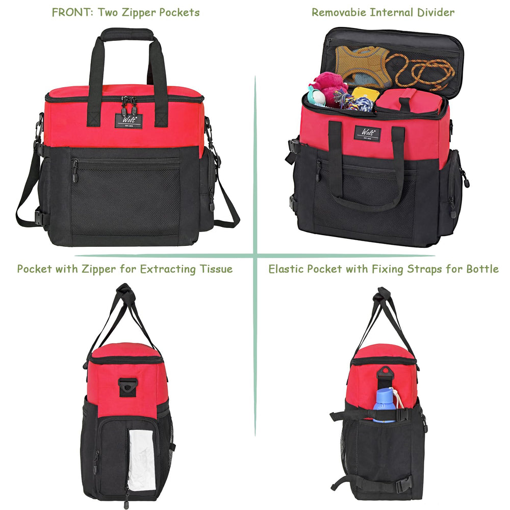 WOLT dog travel bag side pocket stores leashes and small toys for quick access.