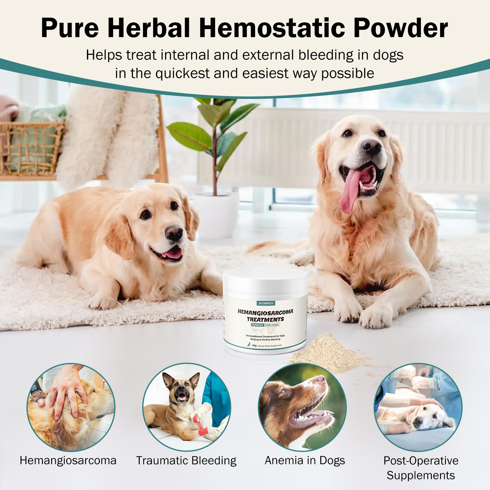 WOMRICH post-surgery recovery powder for dogs ready to be dispensed and mixed.