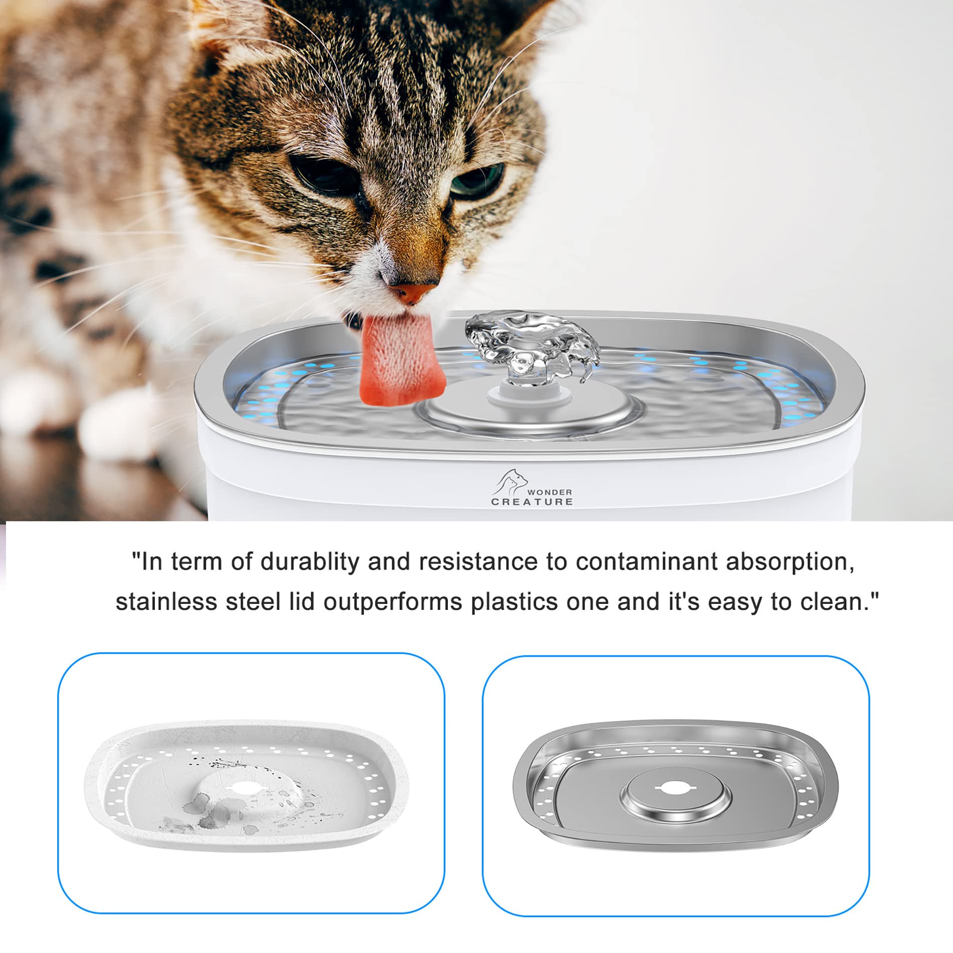 Wonder Creature fountain; two spouts and four drinking modes encourage hydration.