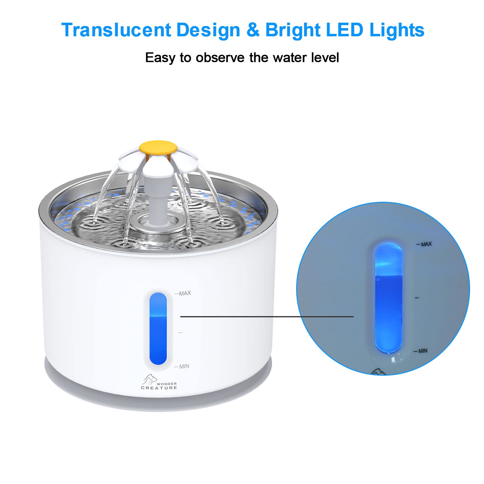 Wonder Creature cat water fountain LED water level window aids night visibility.