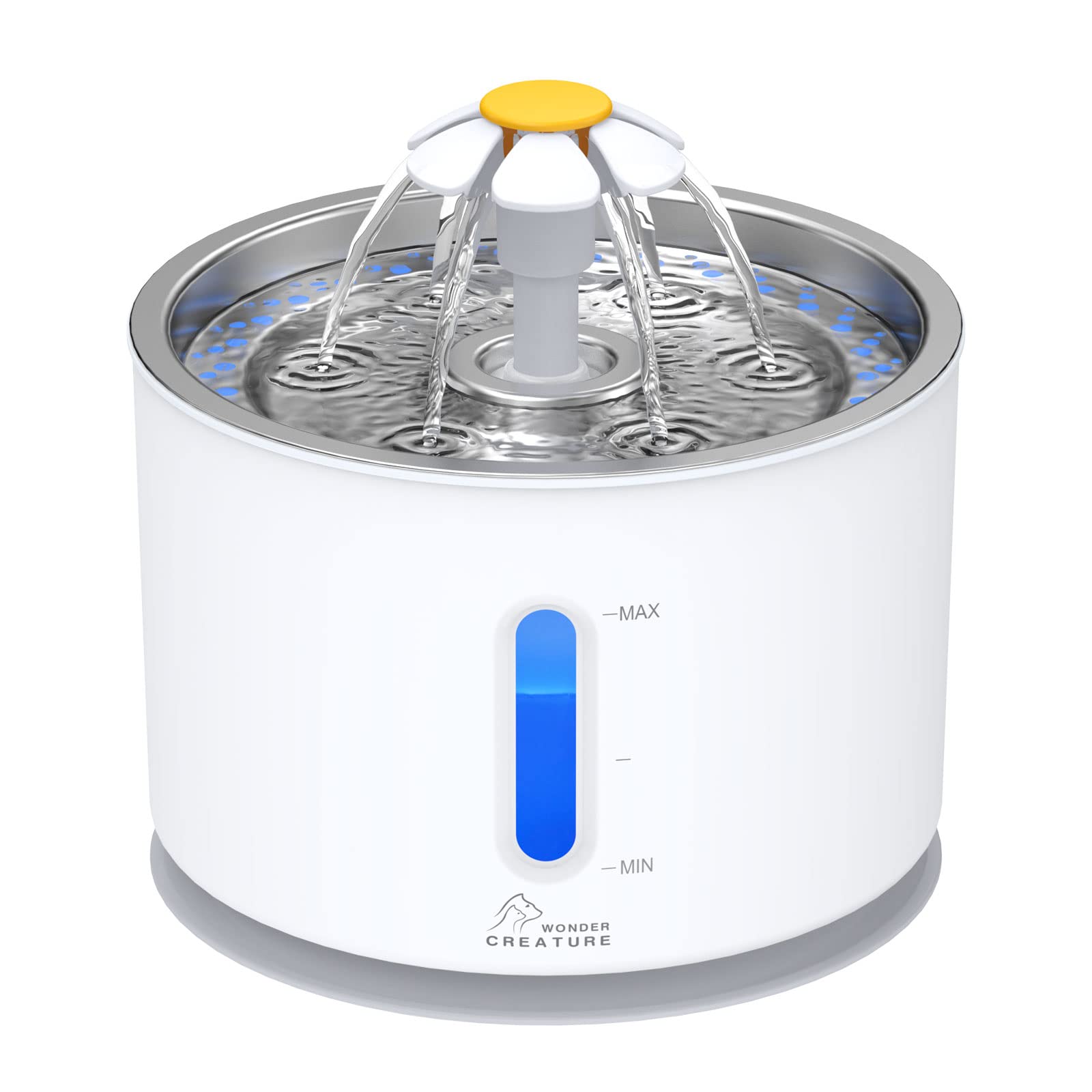 Wonder Creature cat water fountain stainless lid closeup shows durable, easy-clean design.