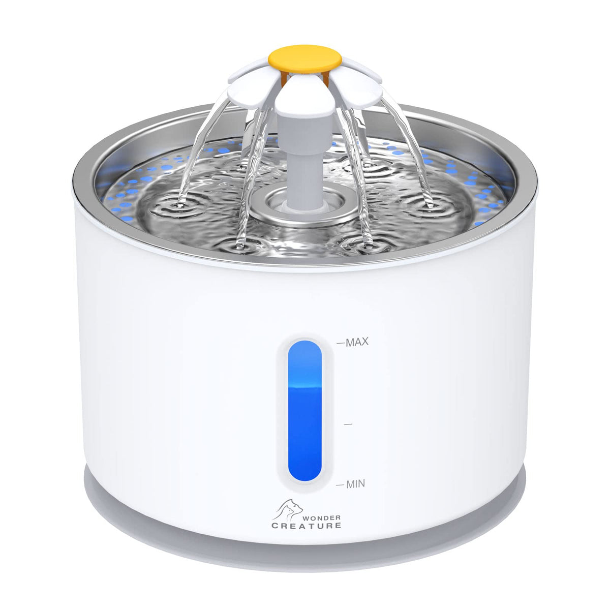 Wonder Creature cat water fountain stainless lid closeup shows durable, easy-clean design.