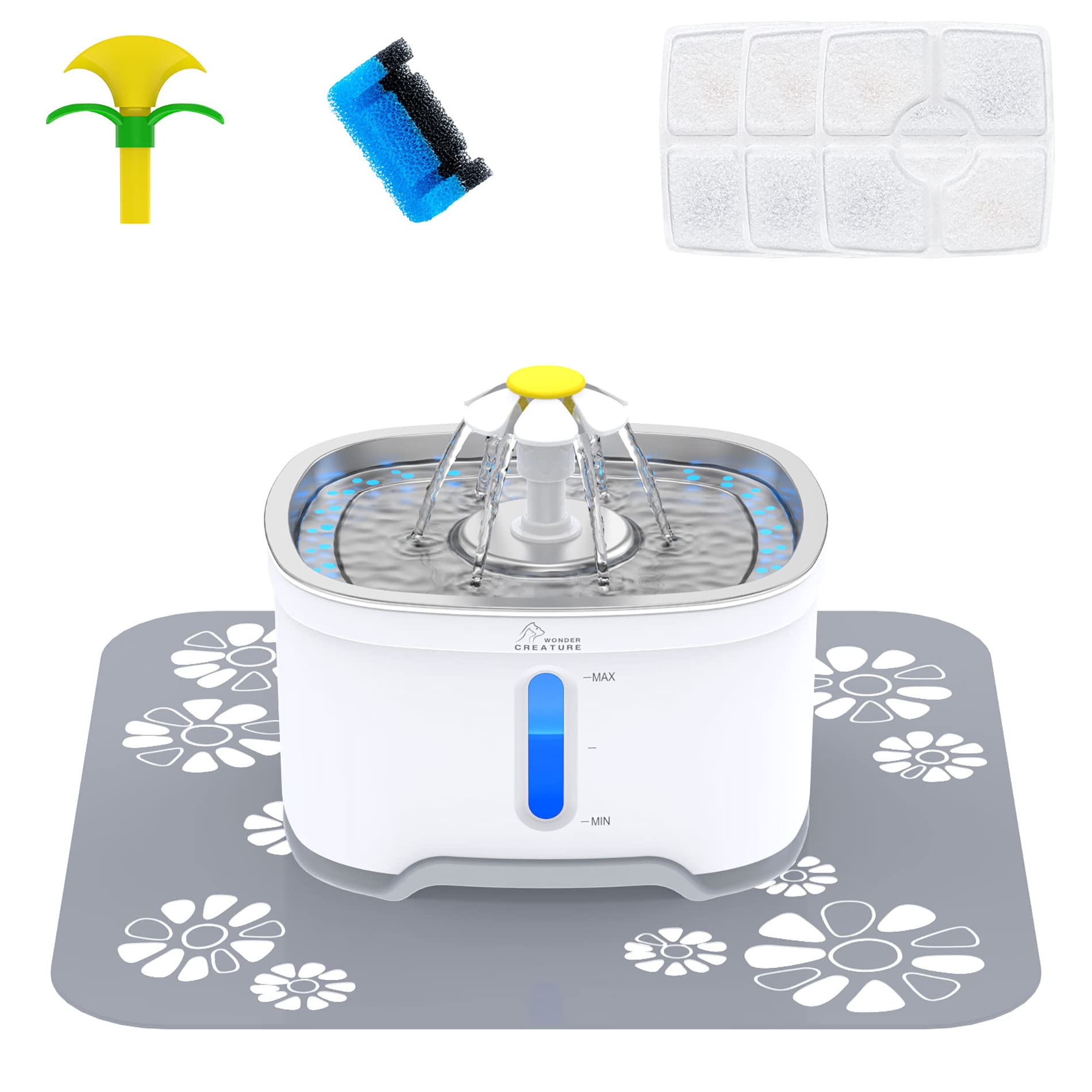 Wonder Creature cat fountain stainless top view; durable, hygienic surface for daily use.