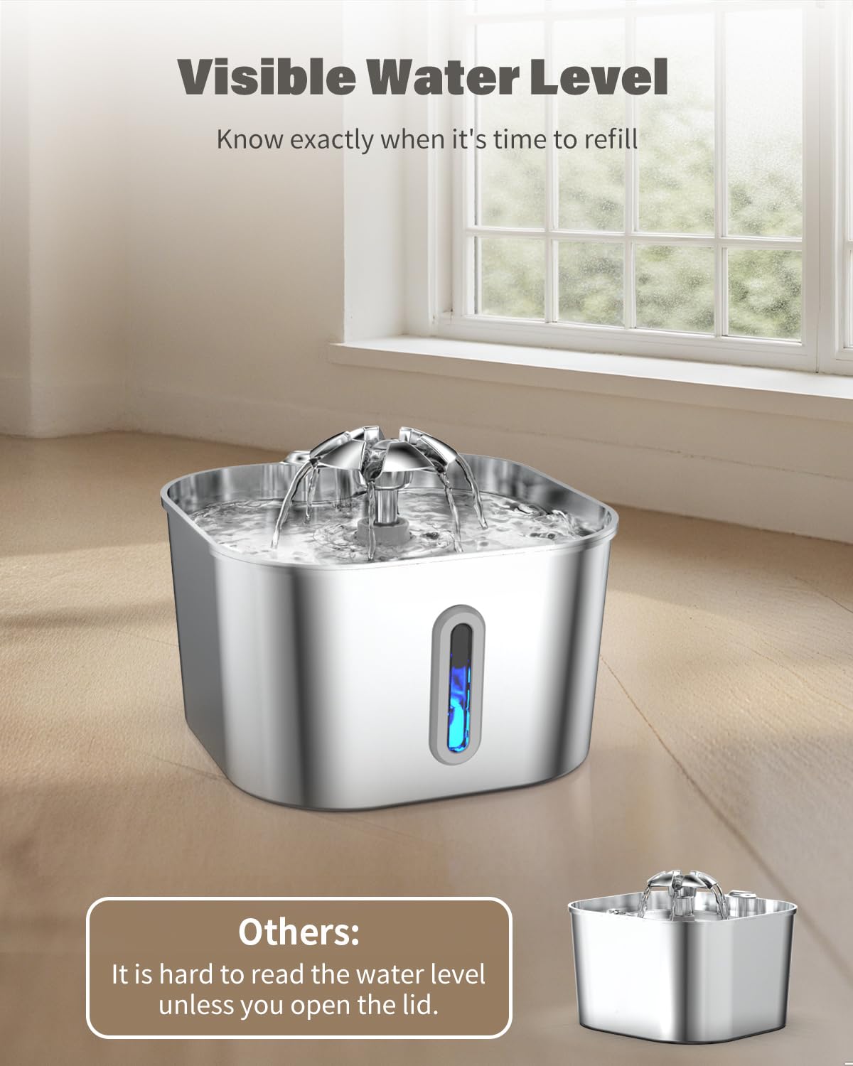 Wonder Creature transparent water level window allows easy refills and monitoring.