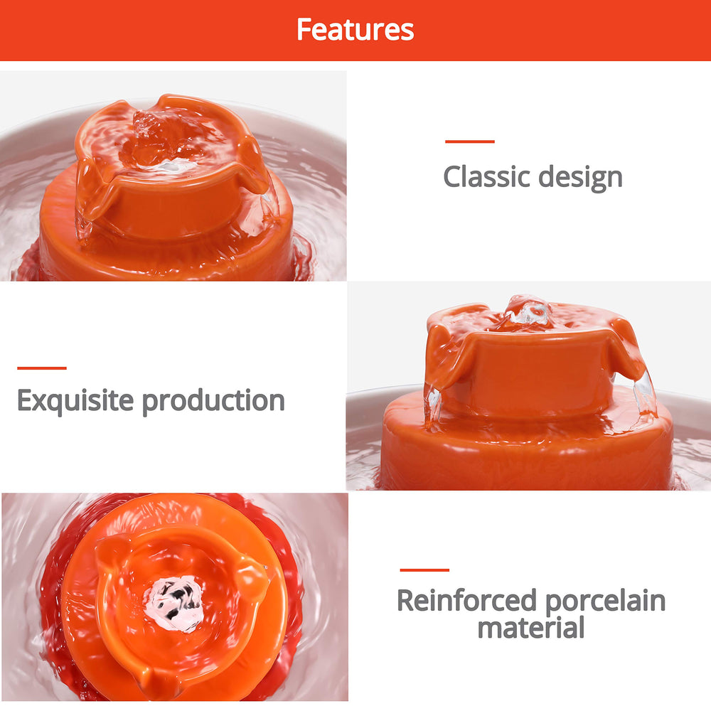 Wonder Creature ceramic cat fountain orange closeup highlights glossy porcelain finish