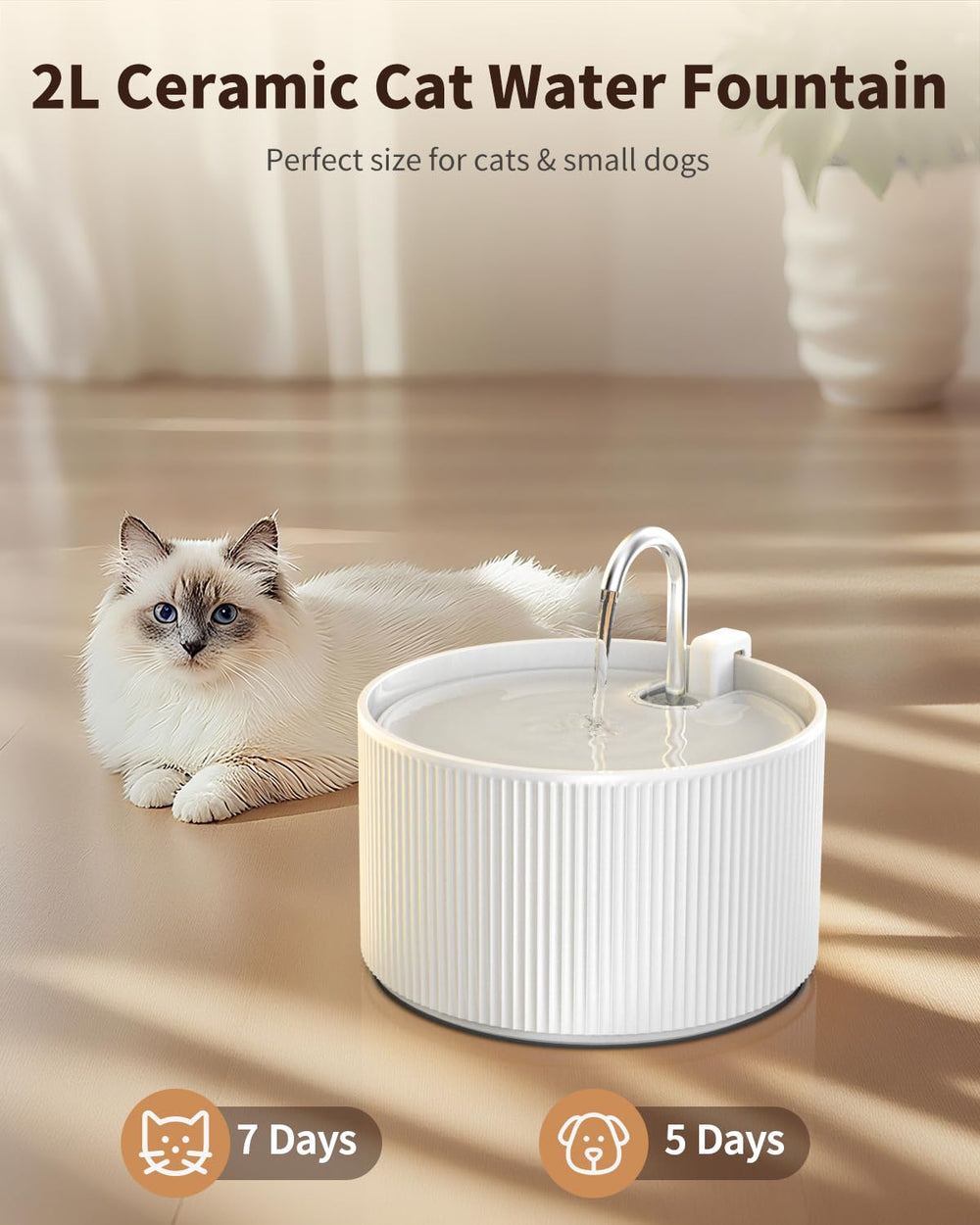 Wonder Creature ceramic cat water fountain top view shows reservoir and outlet access for pets.