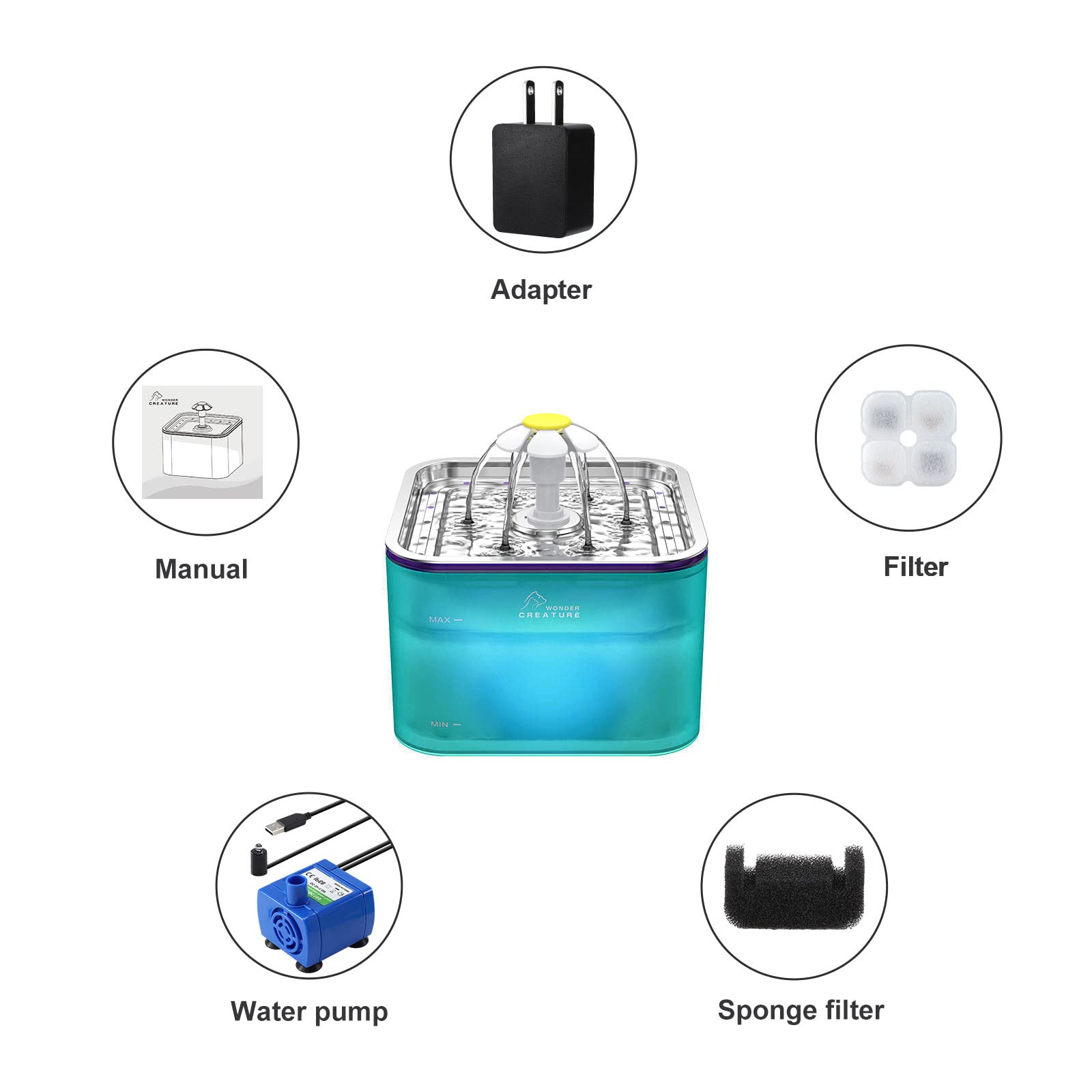 Wonder Creature Crystal Cat Water Fountain is easy to disassemble for quick cleaning