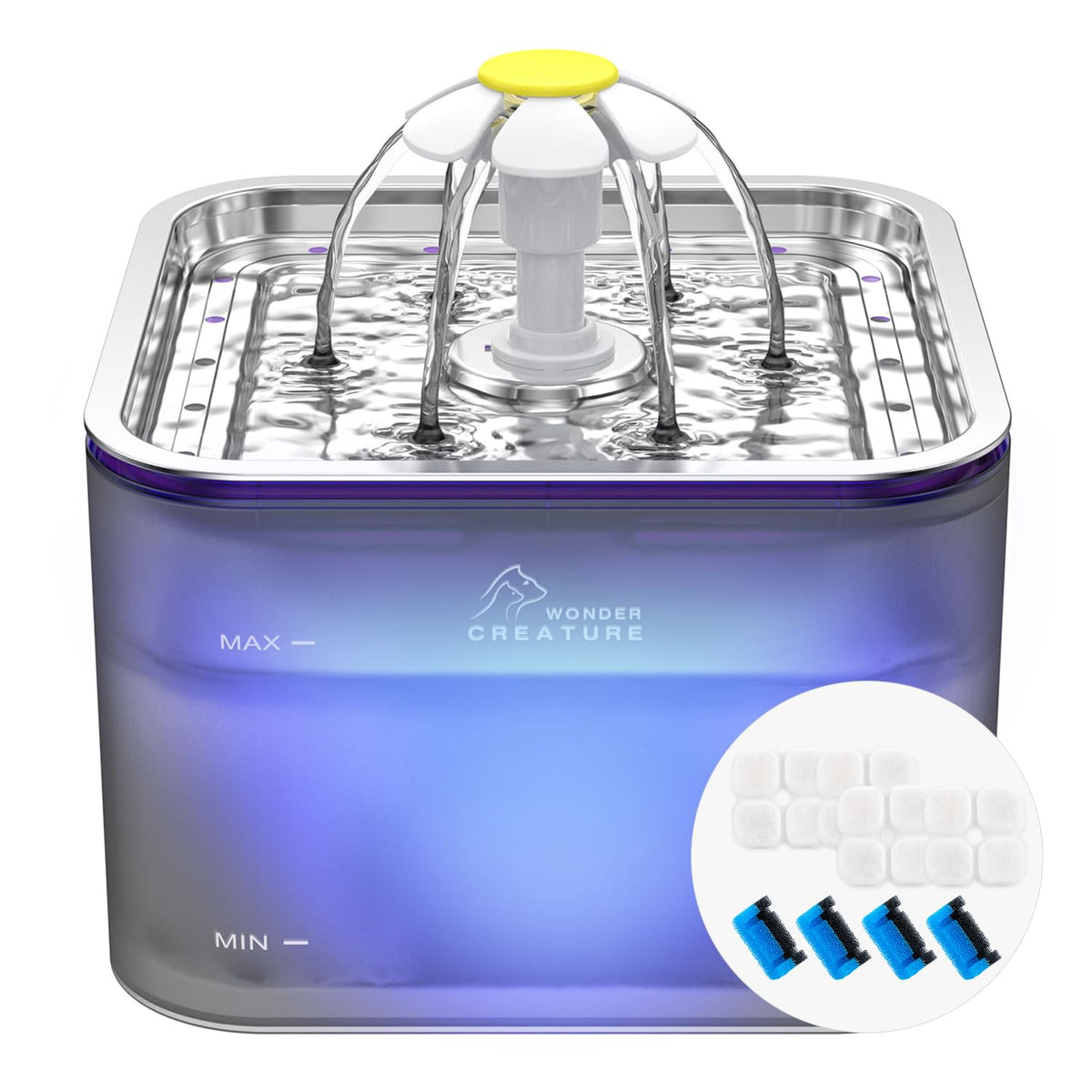 Wonder Creature Crystal Cat Water Fountain stainless steel lid for durable, easy cleaning.