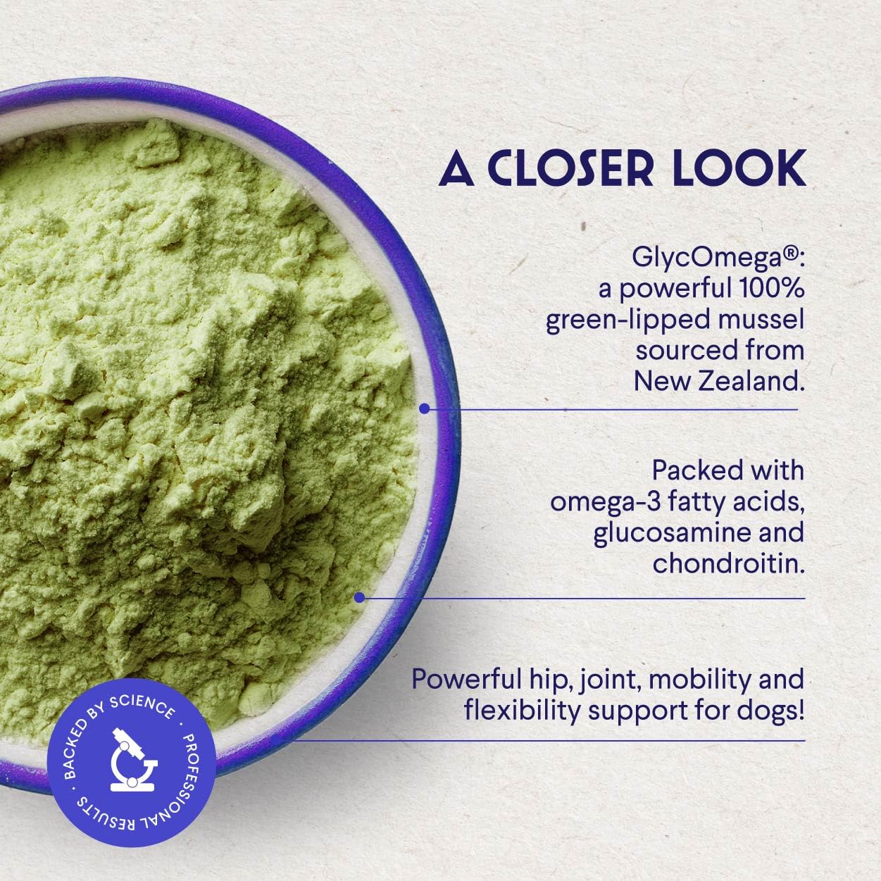 Wonder Paws blue-lipped mussels powder jar emphasizes enhanced mobility support