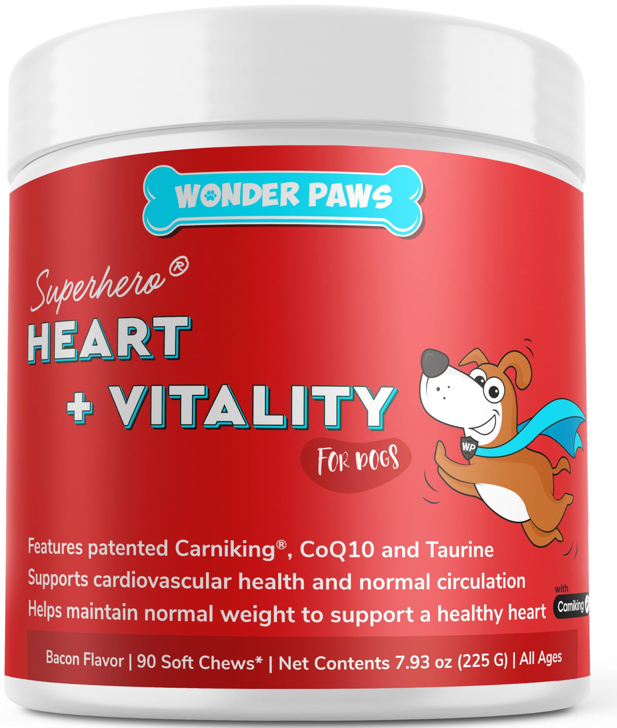Wonder Paws Cardio Chews bottle closeup shows heart-health ingredients for dogs.