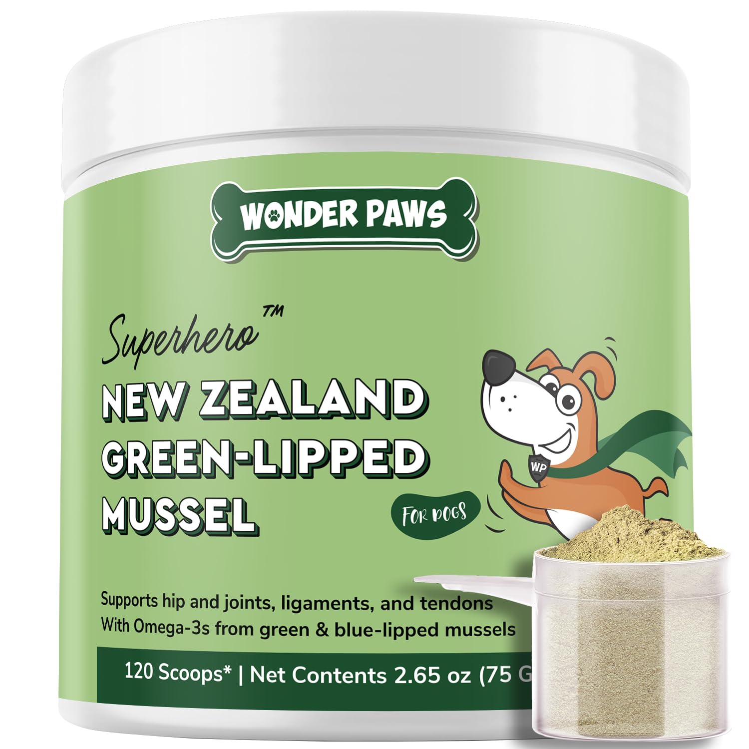Wonder Paws dual-mussel blend visual conveys comprehensive joint support for active dogs