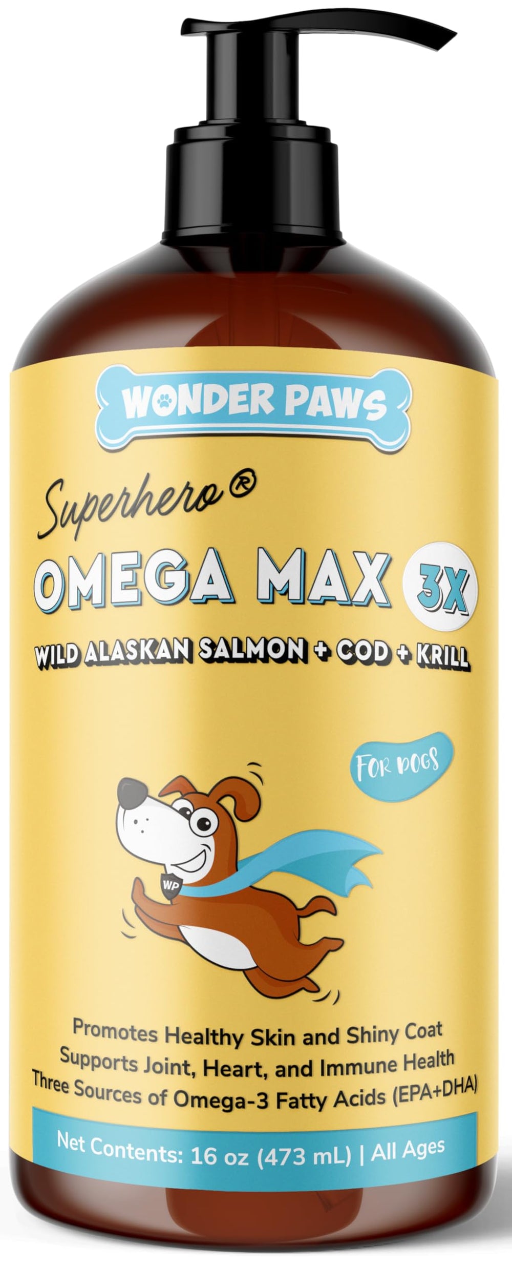 Wonder Paws Fish Oil bottle front promotes overall canine health
