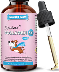 Wonder Paws liquid collagen for dogs bottle highlights joint and coat health