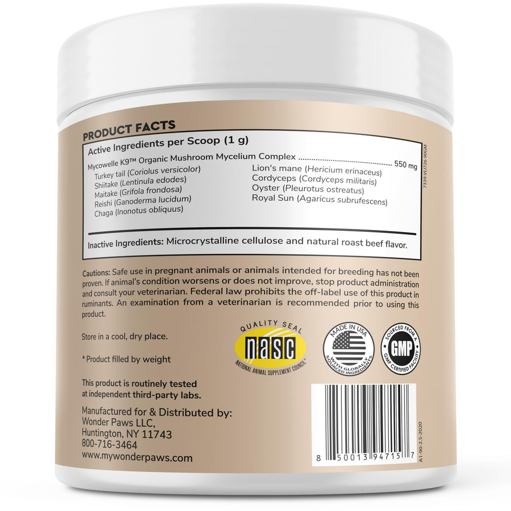 Wonder Paws organic mushroom mix package showing nine mushrooms