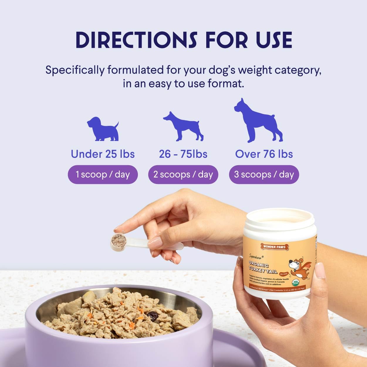 Wonder Paws packaged turkey tail mushroom powder, NASC-certified quality assurance.