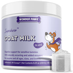 Wonder Paws premium goat milk powder for dogs in packaging supports easy feeding