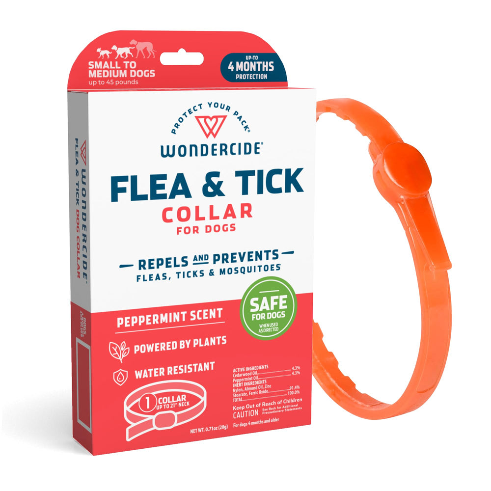 Wondercide dog collar peppermint scent provides flea and tick repellency.