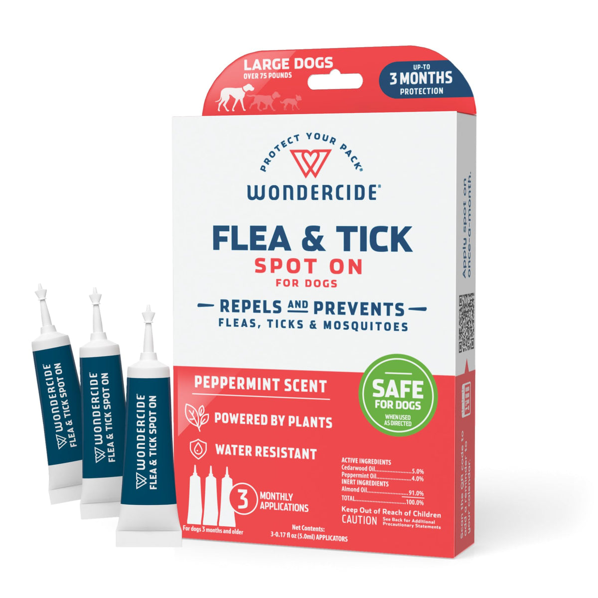 Wondercide dog spot-on tubes ready for a three-month supply for flea and tick protection