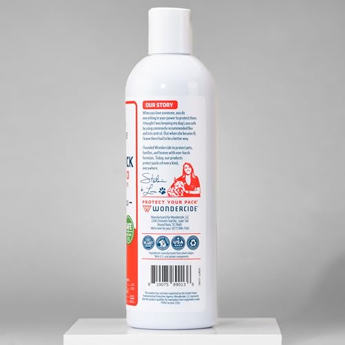 Wondercide flea-tick shampoo foaming lather highlights gentle cleansing for pets.