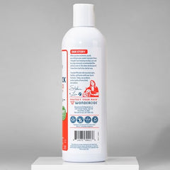 Wondercide flea-tick shampoo foaming lather highlights gentle cleansing for pets.